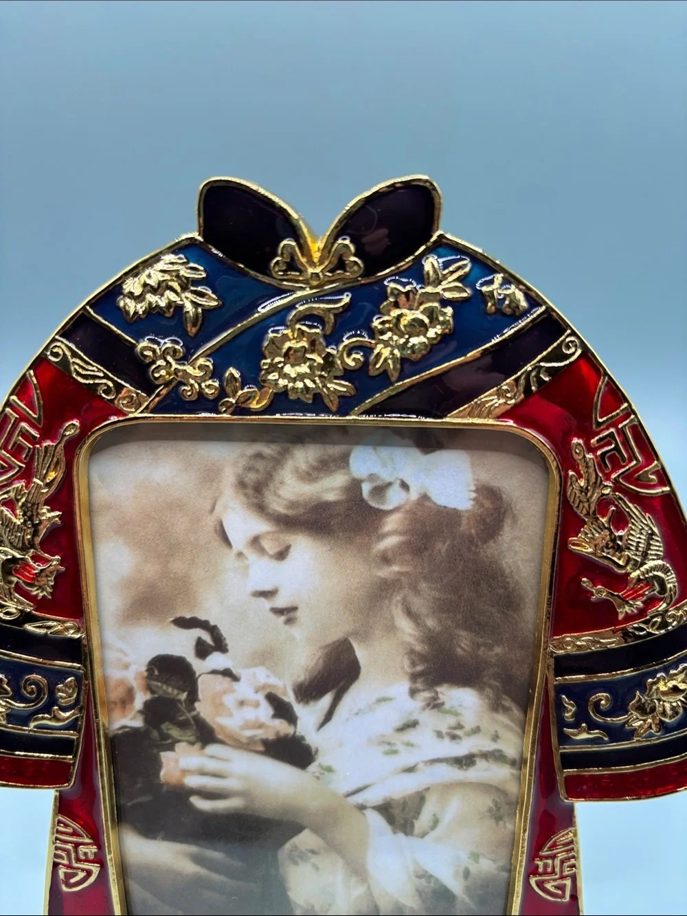 Enamel Emperor Empress Kimono Photo Frame Set - Red and Gold